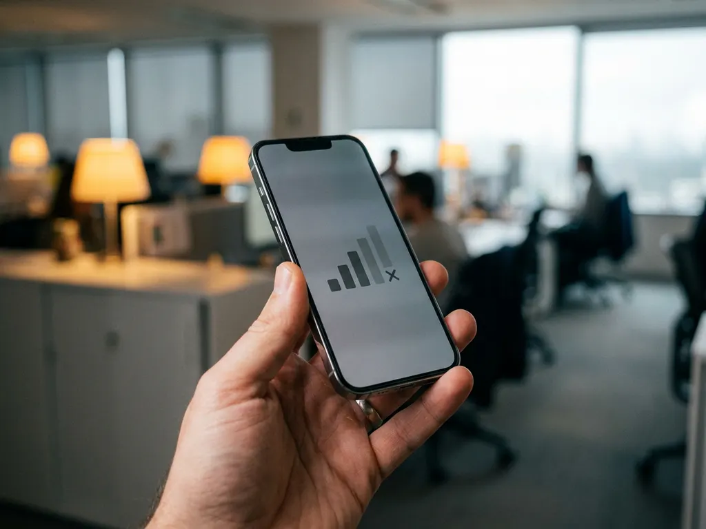 Smartphone in hand met zwakke signaalbalken op het scherm, in een moderne Belgische kantooromgeving met warme bureaulampen.