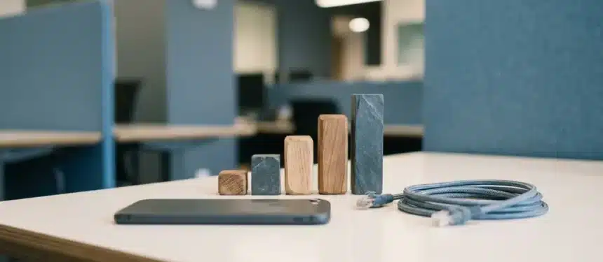 Smartphone op modern kantoorbureau met gesimuleerde signaalbalkjes en een ethernet­kabel, zakelijke omgeving.
