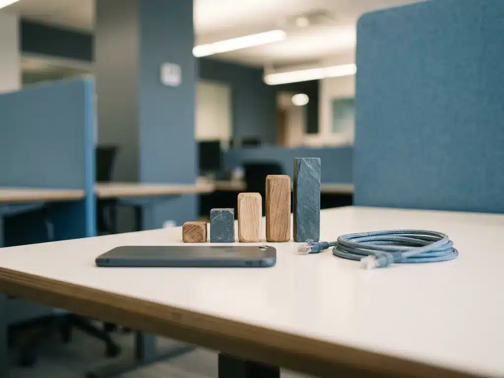 Smartphone op modern kantoorbureau met gesimuleerde signaalbalkjes en een ethernet­kabel, zakelijke omgeving.