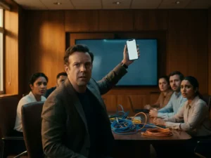 Presentator houdt smartphone zonder signaal vast, bevroren midden in gebaar voor vergaderscherm, bezorgde collega's en ethernetkabels op tafel.