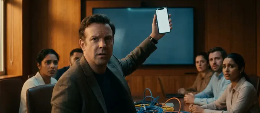 Presentator houdt smartphone zonder signaal vast, bevroren midden in gebaar voor vergaderscherm, bezorgde collega's en ethernetkabels op tafel.