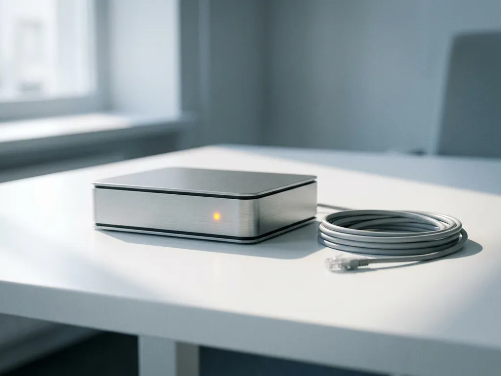 Moderne kantoorrouter met knipperend oranje waarschuwingslampje naast losgekoppelde ethernetkabel op wit bureau.