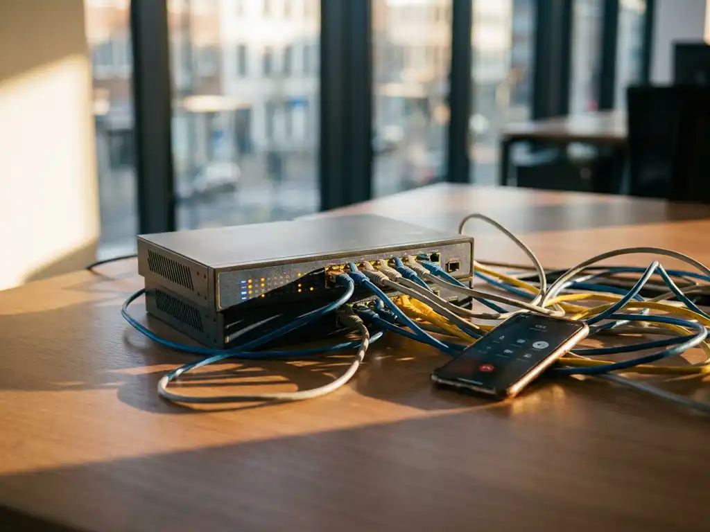 Netwerkrouter met knipperende indicatorlampjes omgeven door verstrengelde ethernetkabels op een zakelijk bureau, smartphone op de achtergrond.