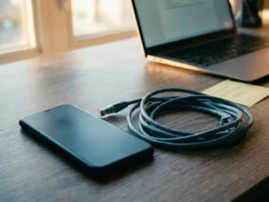 Smartphone met scherm naar beneden op bureau naast loshangende ethernet-kabel, sticky note en laptop op de achtergrond.
