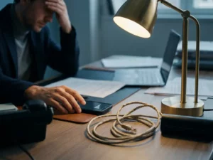 Smartphone met vol signaal op bureaublad naast loshangende ethernetkabel, gefrustreerde hand van professional in gedempte kantooromgeving.