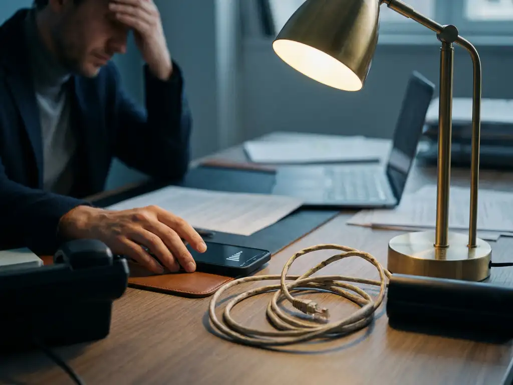 Smartphone met vol signaal op bureaublad naast loshangende ethernetkabel, gefrustreerde hand van professional in gedempte kantooromgeving.