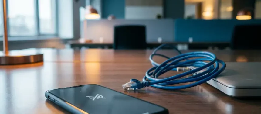 Moderne smartphone zonder signaal op gepolijst kantoorbureau, verward ethernet-kabel op de achtergrond, zakelijke werkruimte.