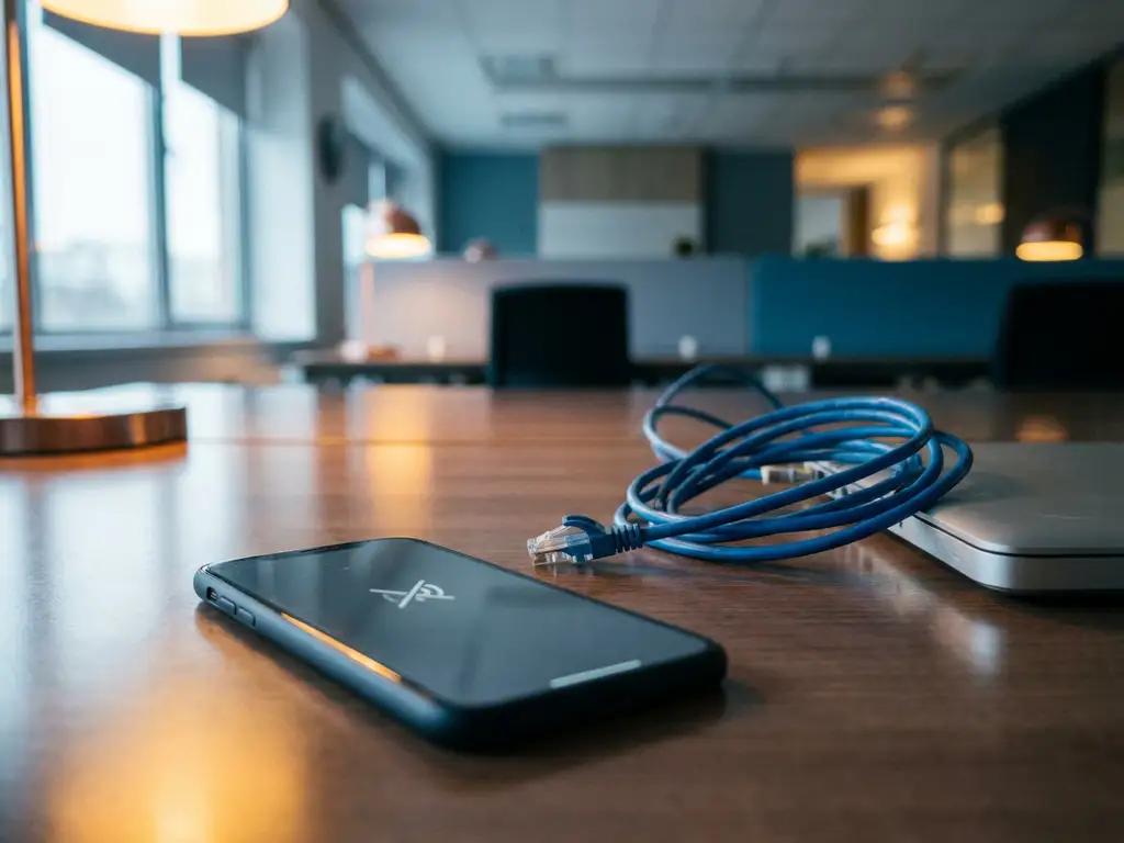 Moderne smartphone zonder signaal op gepolijst kantoorbureau, verward ethernet-kabel op de achtergrond, zakelijke werkruimte.