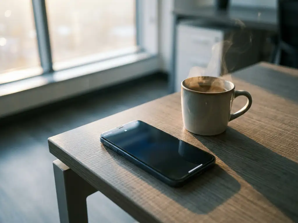 Smartphone zonder signaal op kantoorbureau, naast dampende koffie in vroeg ochtendlicht met lange schaduwen.