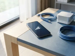 Smartphone op kantoorbureau naast router en ethernet­kabel, symboliseert stabiele netwerkverbinding in professionele omgeving.