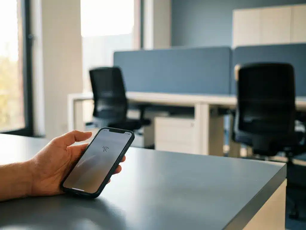 Smartphone in hand tijdens actief gesprek op kantoor, met vervagende wifi-indicator tijdens netwerkoverschakeling, Belgische kantooromgeving op achtergrond.