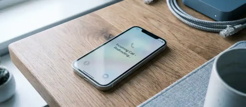 Smartphone op modern bureau met inkomend gesprek op scherm, Ethernet-kabel en router op de achtergrond, zacht natuurlijk licht.