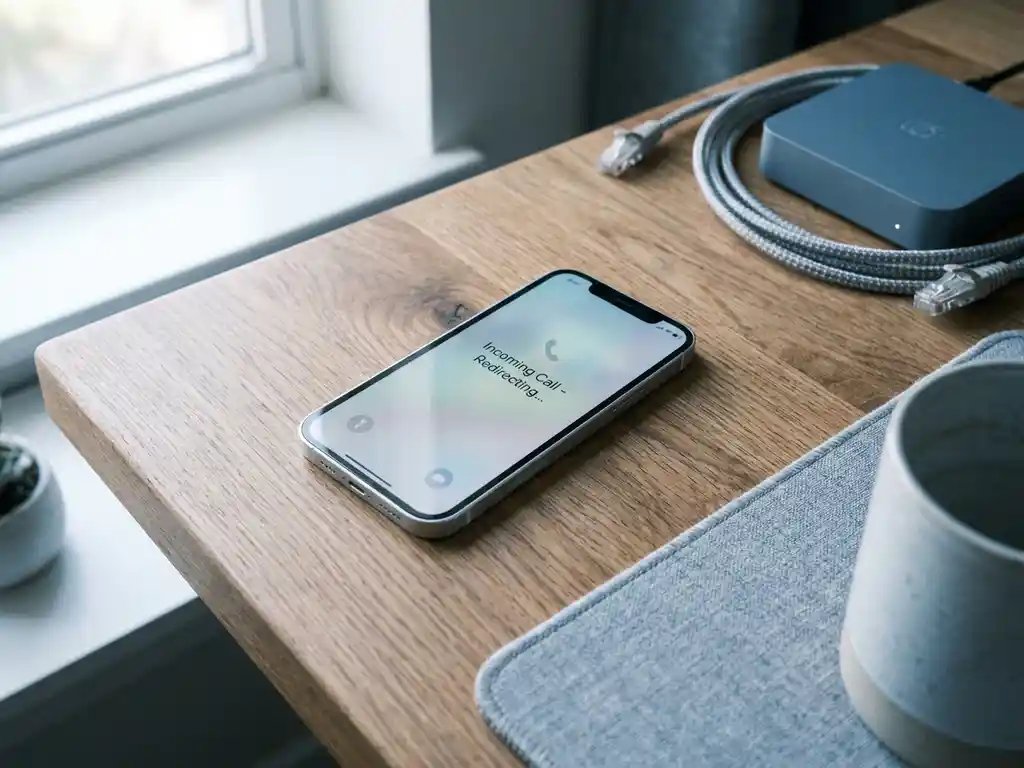 Smartphone op modern bureau met inkomend gesprek op scherm, Ethernet-kabel en router op de achtergrond, zacht natuurlijk licht.