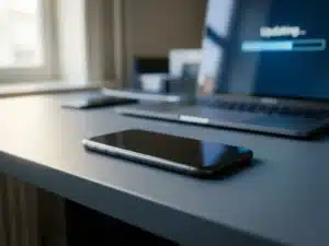 Smartphone met donker scherm face-down op kantoorbureau, onscherpe laptop met software-update op achtergrond, koel blauw licht.