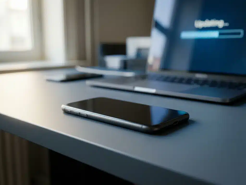 Smartphone met donker scherm face-down op kantoorbureau, onscherpe laptop met software-update op achtergrond, koel blauw licht.