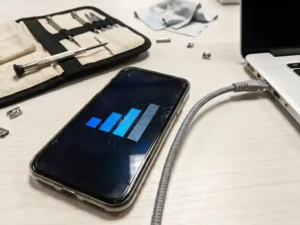 Smartphone met gebroken signaalbalk op bureaublad, naast loshangende netwerkkabel en schroevendraaier, symboliseert verbindingsproblemen.