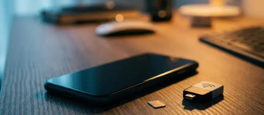 Smartphone met donker scherm op kantoorbureau, naast een extra simkaart en kleine signaalrouter, in koel blauw-amberkleurig licht.