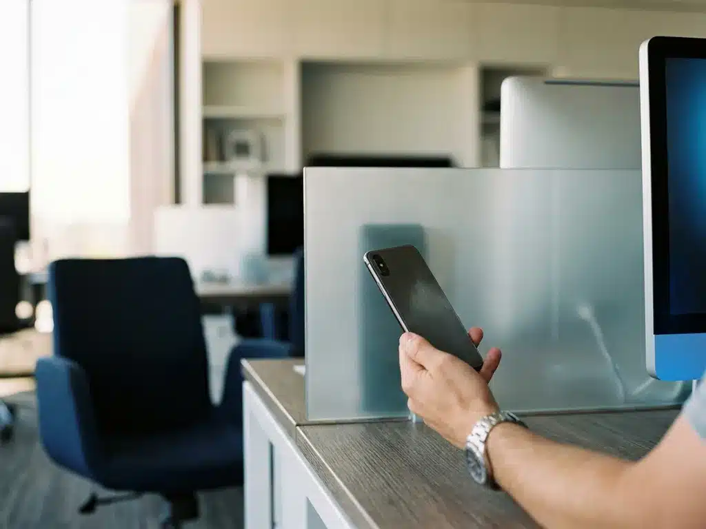 Hand houdt smartphone boven modern Belgisch kantoorbureau, scherm gedeeltelijk verborgen achter matglas, blauwe monitorgloed op de achtergrond.