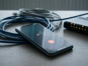 Smartphone op bureautafel tijdens gesprek met wegvallend signaal, omringd door ethernetkabels en router met oranje waarschuwingslampjes.