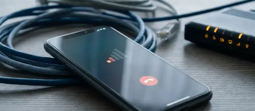 Smartphone op bureautafel tijdens gesprek met wegvallend signaal, omringd door ethernetkabels en router met oranje waarschuwingslampjes.