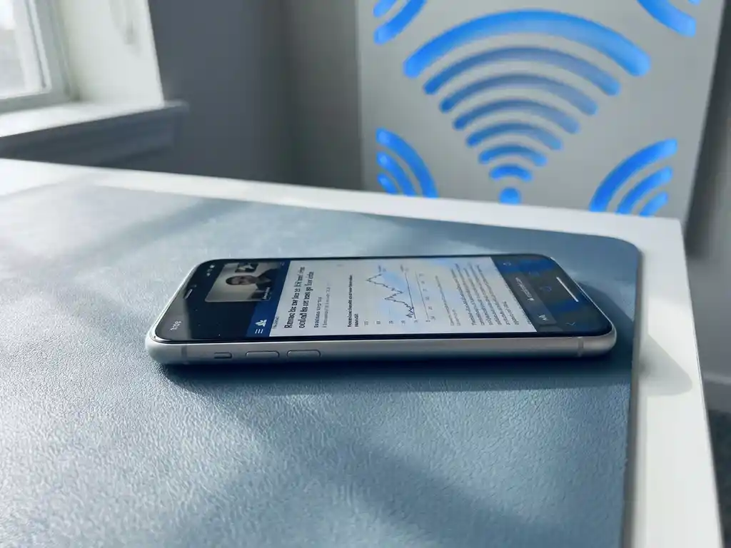 Smartphone op een modern bureau met actieve videogesprek en browsertabblad, zachte wifi-signaalwaves op de achtergrond.