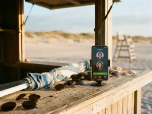 Smartphone op strandkiosk met actief VoIP-gesprek, omringd door zonnebril en parasol in warm gouden zomerlicht.