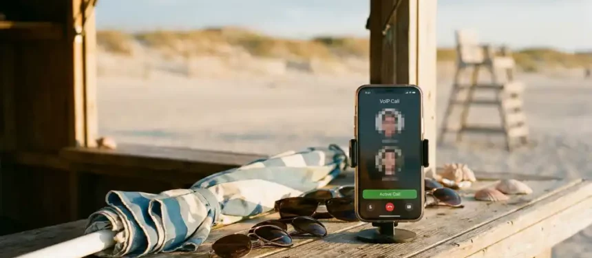 Smartphone op strandkiosk met actief VoIP-gesprek, omringd door zonnebril en parasol in warm gouden zomerlicht.