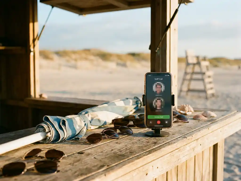 Smartphone op strandkiosk met actief VoIP-gesprek, omringd door zonnebril en parasol in warm gouden zomerlicht.