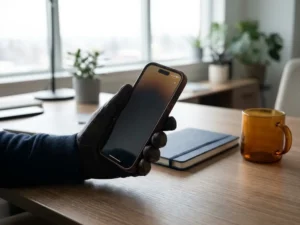 Smartphone in hand schakelt tijdens gesprek tussen wifi en mobiel netwerk, netwerkindicator zichtbaar op scherm, modern Belgisch kantoor op de achtergrond.