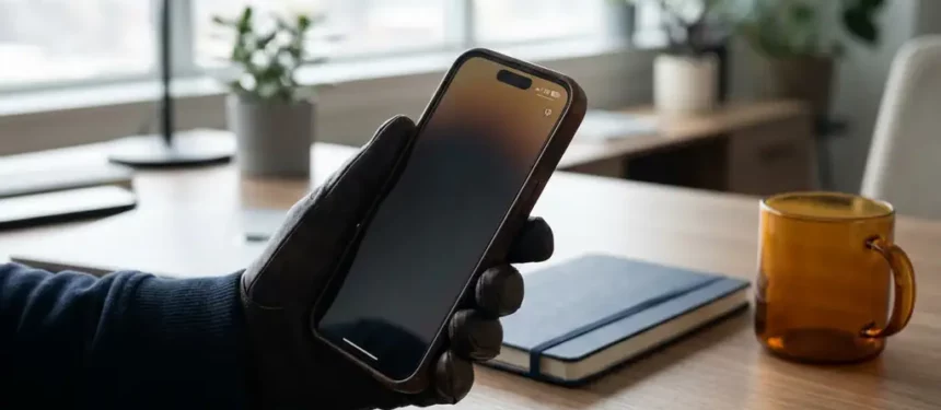 Smartphone in hand schakelt tijdens gesprek tussen wifi en mobiel netwerk, netwerkindicator zichtbaar op scherm, modern Belgisch kantoor op de achtergrond.