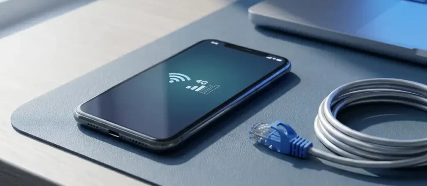 Smartphone op kantoorbureau schakelt over van wifi naar mobiel netwerk, losgekoppelde ethernetkabel op de voorgrond.