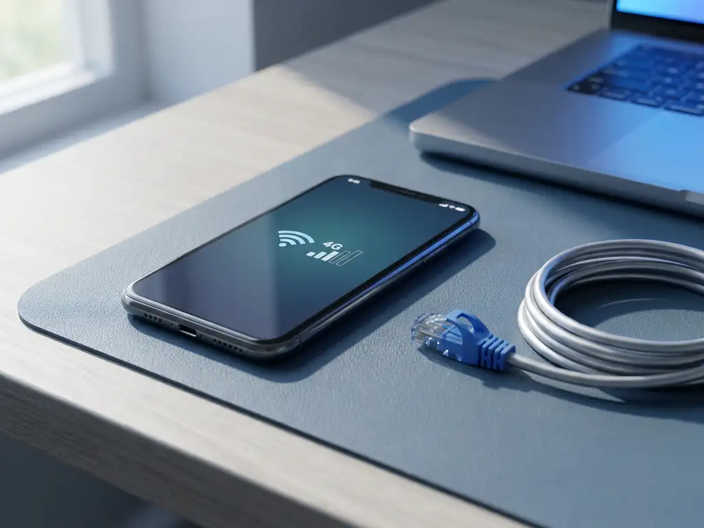 Smartphone op kantoorbureau schakelt over van wifi naar mobiel netwerk, losgekoppelde ethernetkabel op de voorgrond.