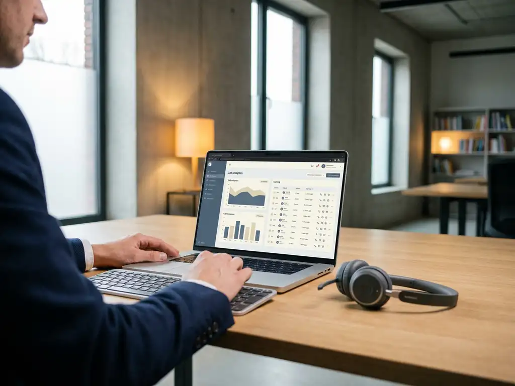 Professional bekijkt call analytics dashboard op laptop in modern Belgisch kantoor, headset naast toetsenbord, zachte natuurlijke belichting.