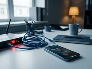Smartphone met verbroken verbinding op bureau naast loshangende ethernetkabel en modem met rood knipperend lampje.