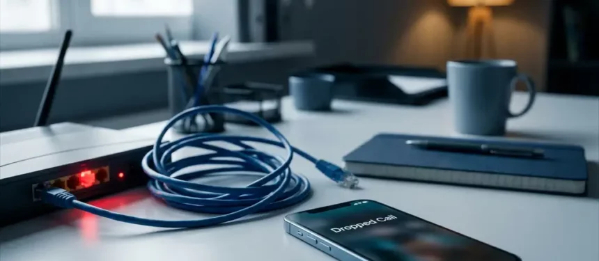 Smartphone met verbroken verbinding op bureau naast loshangende ethernetkabel en modem met rood knipperend lampje.