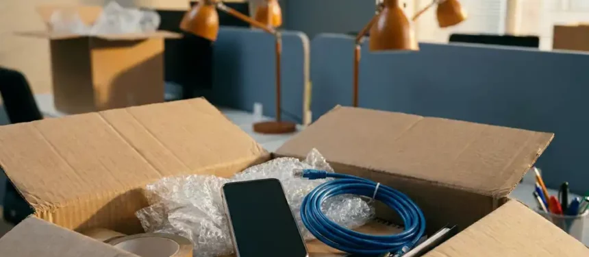 Smartphone en opgerolde ethernetkabel ingepakt in verhuisdoos met noppenfolie, kantoor op achtergrond.