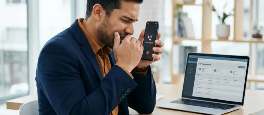 Professional houdt smartphone vast met verbroken verbinding, terwijl VoIP-dashboard op laptop op kantoorbureau stabiel blijft.
