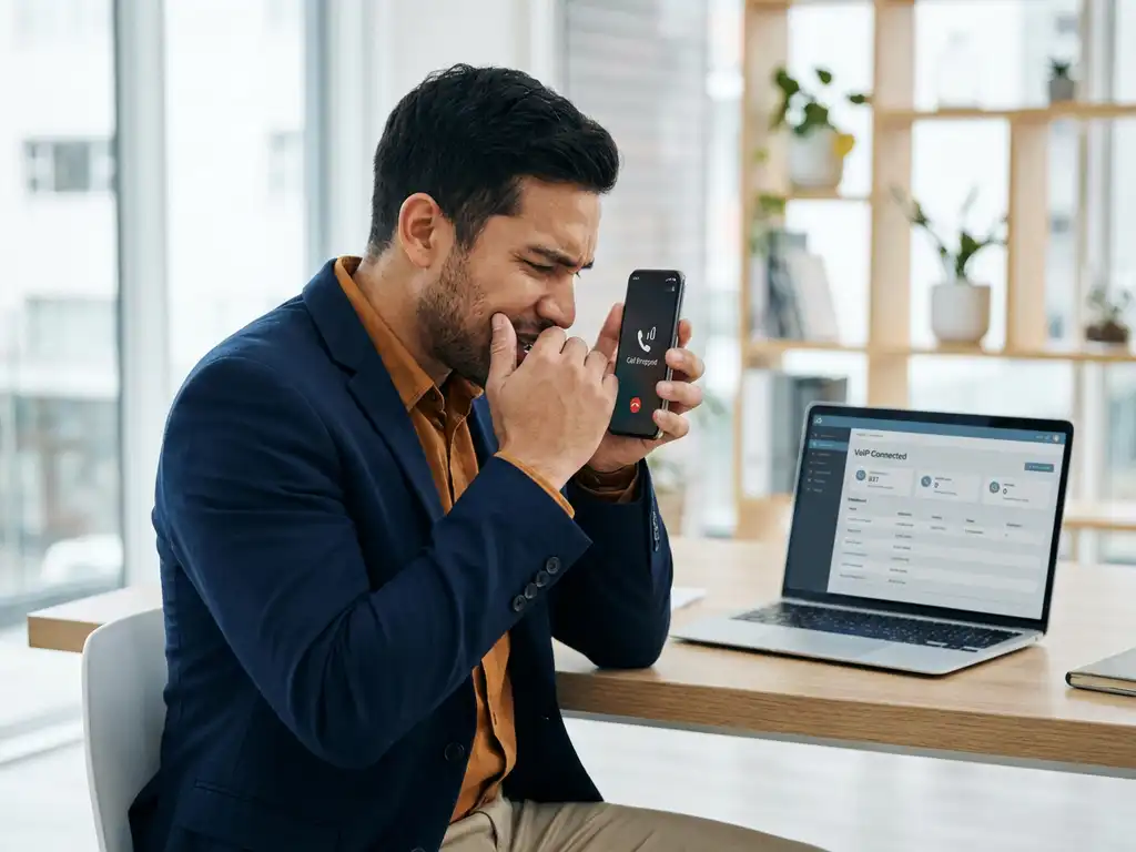 Professional houdt smartphone vast met verbroken verbinding, terwijl VoIP-dashboard op laptop op kantoorbureau stabiel blijft.