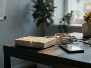 Verouderde stoftige router met knipperend oranje waarschuwingslampje op kantoorbureau, smartphone met verbroken verbinding ernaast.