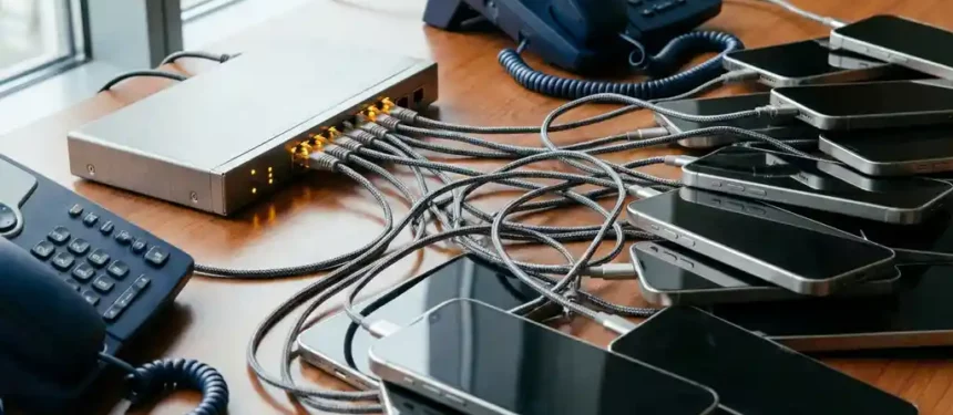 Smartphones en bureautelefoons verbonden via ethernetkabels met een netwerkswitch op een zakelijk bureau, koele zilveren en marineblauwe tinten.