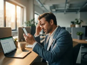 Professional op kantoor met smartphone met zwak signaal, gefrustreerde houding, warm Belgisch daglicht door raam.
