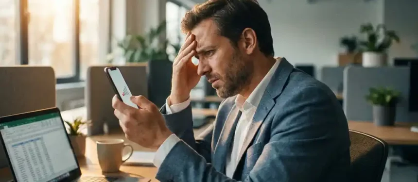 Professional op kantoor met smartphone met zwak signaal, gefrustreerde houding, warm Belgisch daglicht door raam.