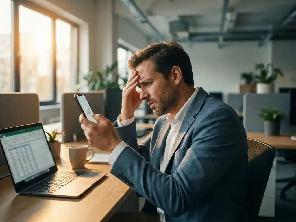 Professional op kantoor met smartphone met zwak signaal, gefrustreerde houding, warm Belgisch daglicht door raam.