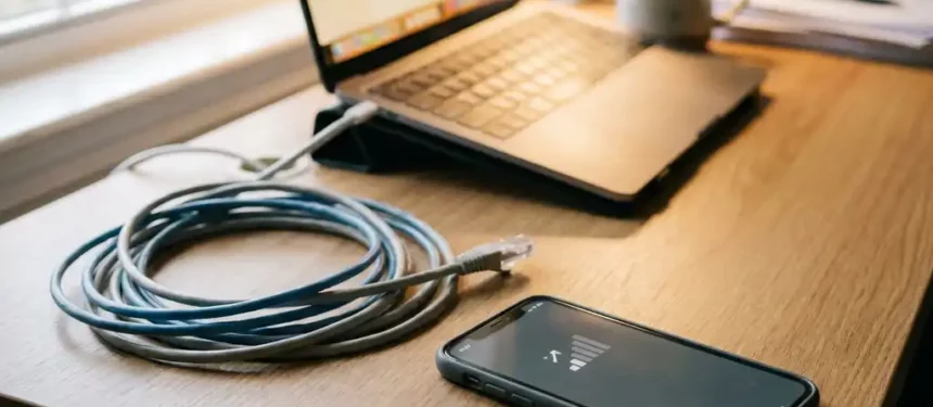 Smartphone met zwak signaal op bureaubureau, losgeraakte ethernetkabel en laptop op de achtergrond in warm kantoorlicht.