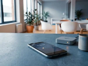 Smartphone met zwak signaal op kantoorbureau naast Wi-Fi-router met knipperend amber lampje, Belgische werkomgeving.