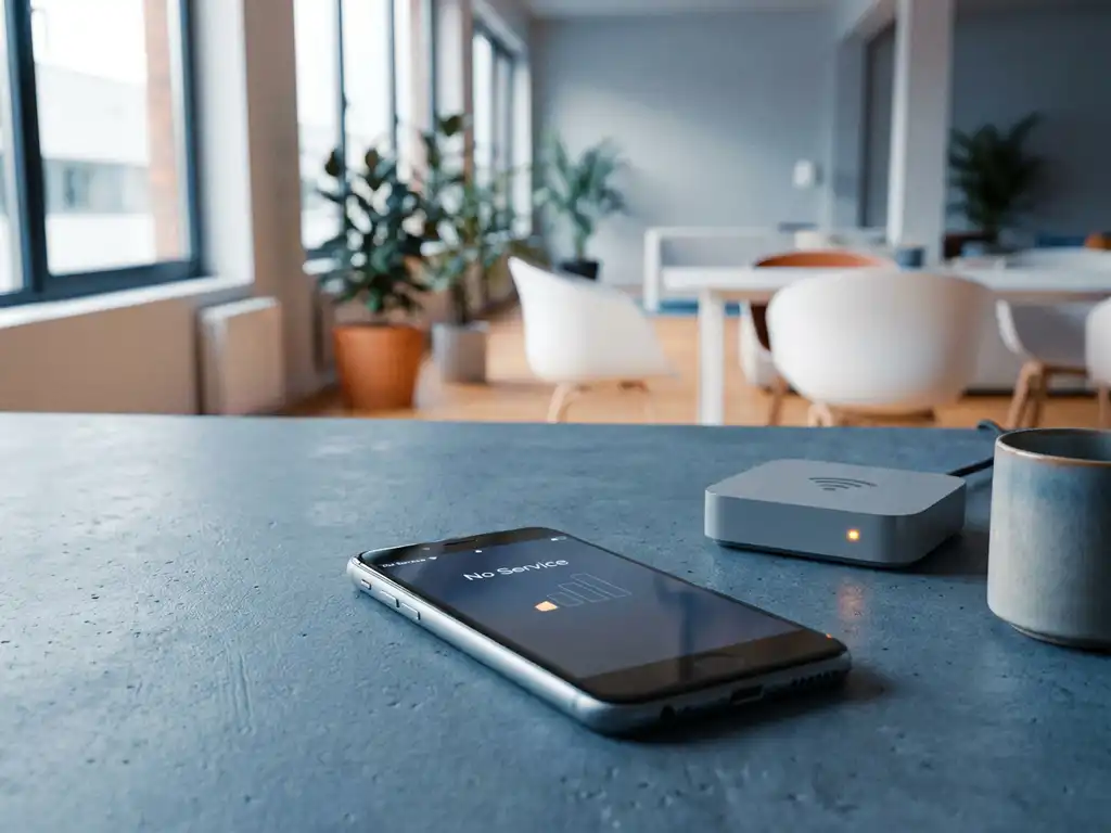 Smartphone met zwak signaal op kantoorbureau naast Wi-Fi-router met knipperend amber lampje, Belgische werkomgeving.