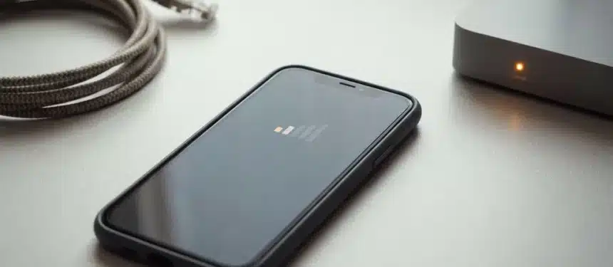 Smartphone met zwak signaal op wit bureau naast loshangende ethernetkabel en Wi-Fi-router met knipperend amber lampje.