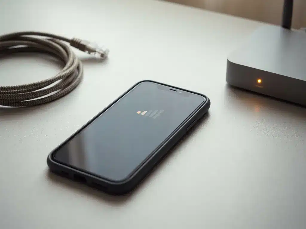 Smartphone met zwak signaal op wit bureau naast loshangende ethernetkabel en Wi-Fi-router met knipperend amber lampje.